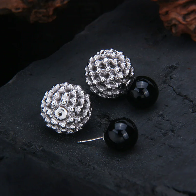 S925 pure silver ear nail round bead splicing spherical light luxury socialite temperament hollowed out retro fashion