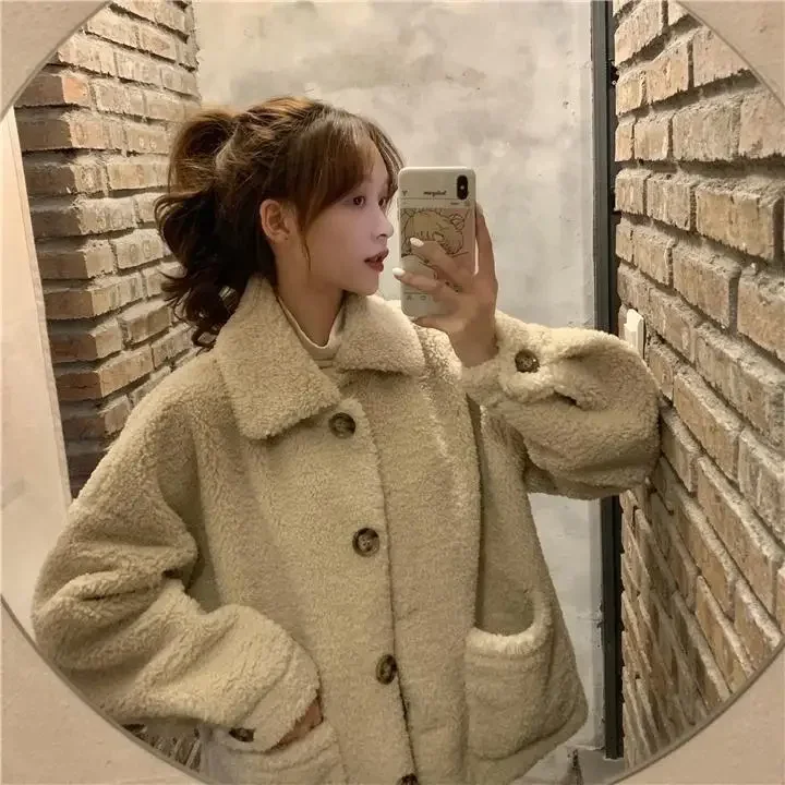 

Pop Lamb Fur Jacket Women Thickened Loose Collar Sweatshirt Korean Style Autumn Winter Fashionable Casual Comfortable Coat