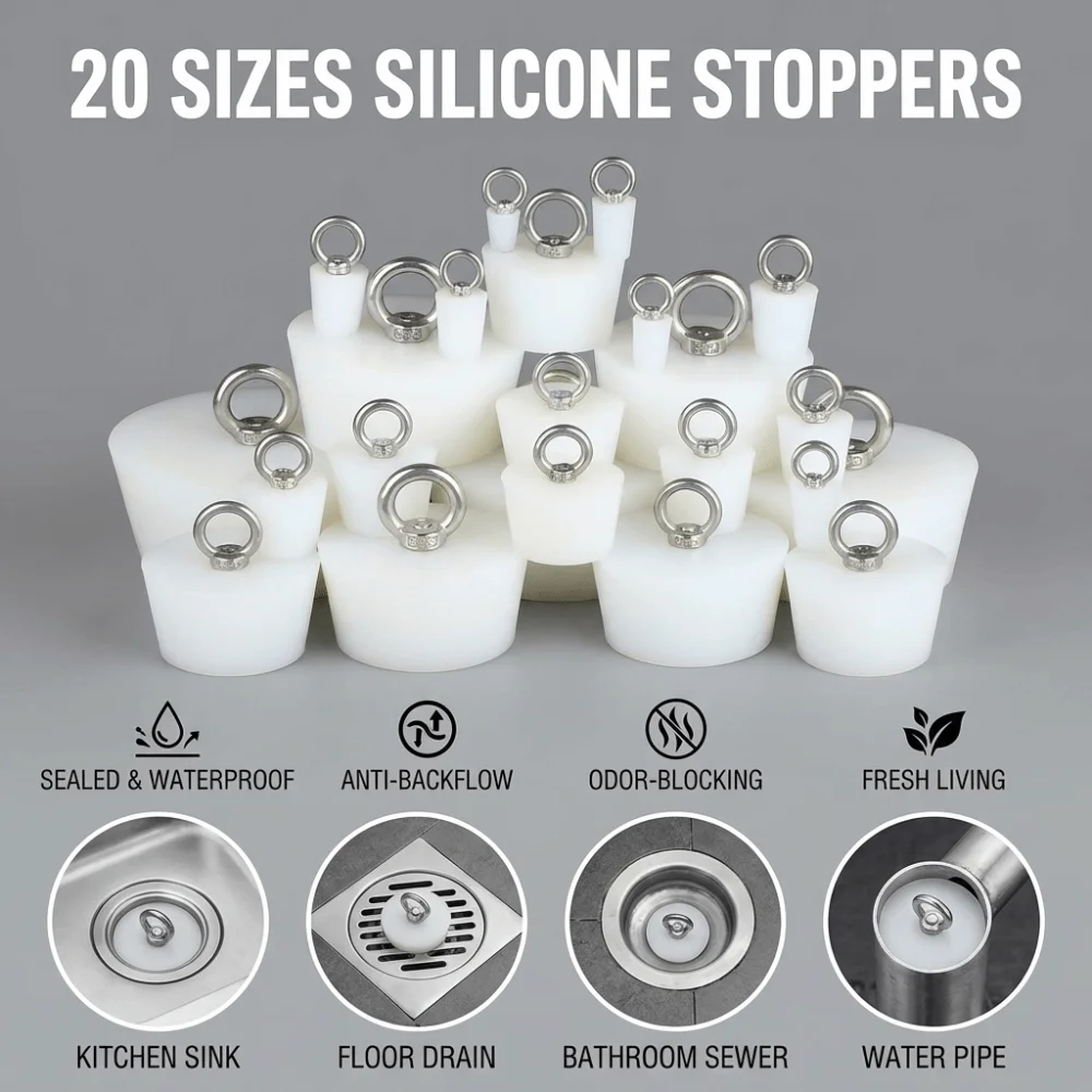 Tapered Silicone Rubber Stopper with Steel D Ring Waterproof Sealing Plug Bung Universal Solid Tube Hole Plug Industrial Use