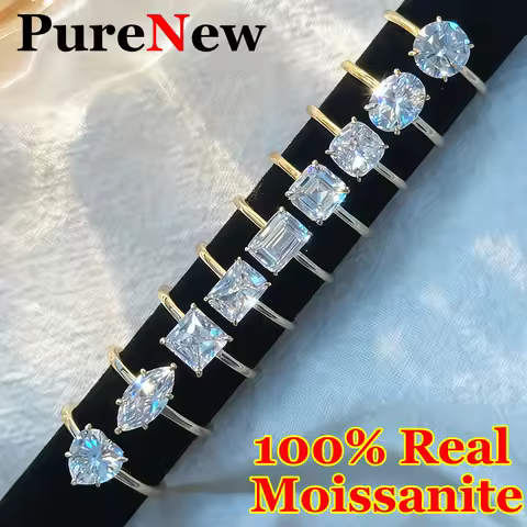 PureNew Classic 1ct-2ct Full Shape Moissanite Diamond Rings For Women 925 Silver Plate 18k Asscher Oval Pear Lady's Diamond Ring