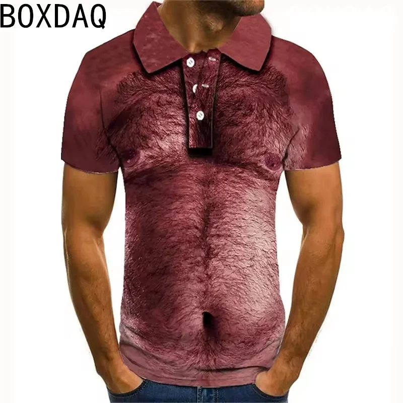 Funny Fake Muscle Body Printed Polo Shirt Men's Big Size Streetwear Short Sleeve Casual Shirt Exaggerated Personality Polo Shirt