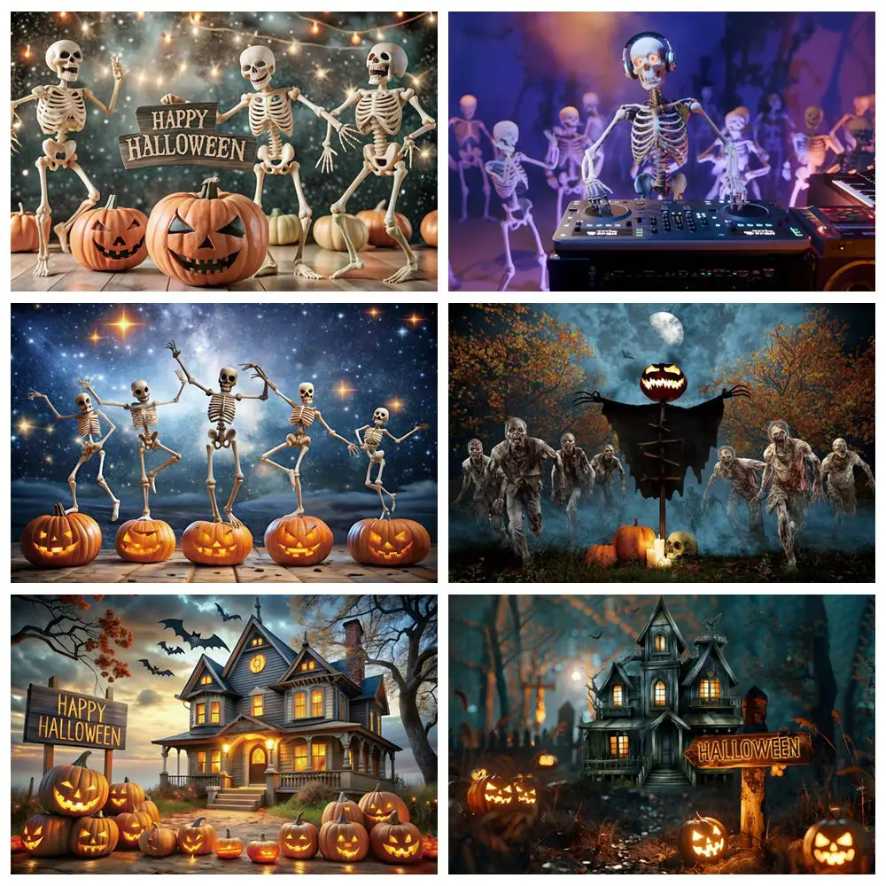 

Halloween Decor Backdrop Skeleton Pumpkin Lanterns Horror Night Kids Family Party Portrait Photography Background Photo Studio