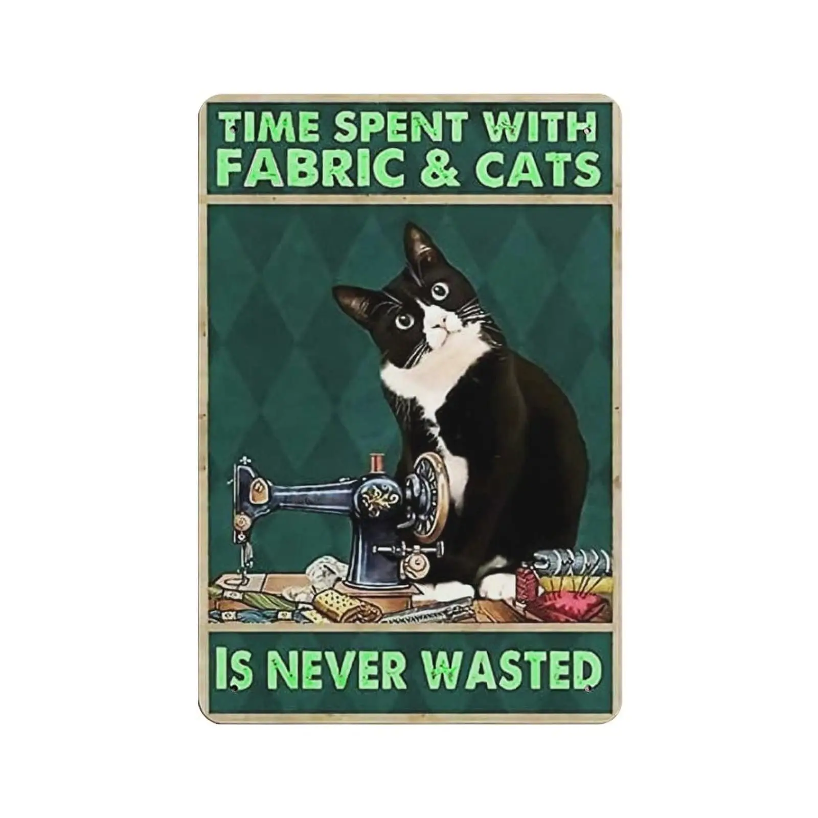 NENAWOS Sewing is Never Wasted Black Cat decor Craft room Retro coffee decorations for kitchen Signs Metal Tin Sign home go sign