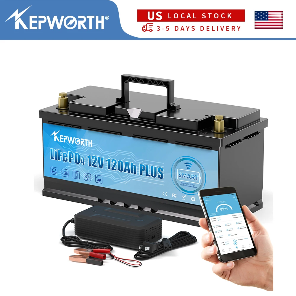 EU-Lager KEPWORTH 12V 120Ah LiFePO4-Akku mit 120A Bluetooth BMS, perfekt für Wohnwagen-Wohnmobil-Solarsystem