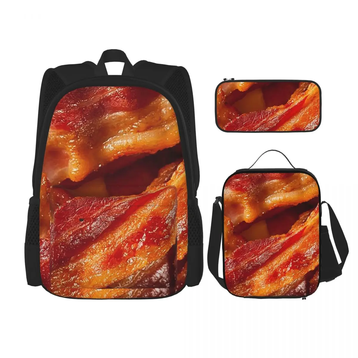 Crispy Bacon Texture Meat Lovers Backpacks Students Bookbag School Bags Rucksack Lunch Bag Pen Bag Three-Piece Set