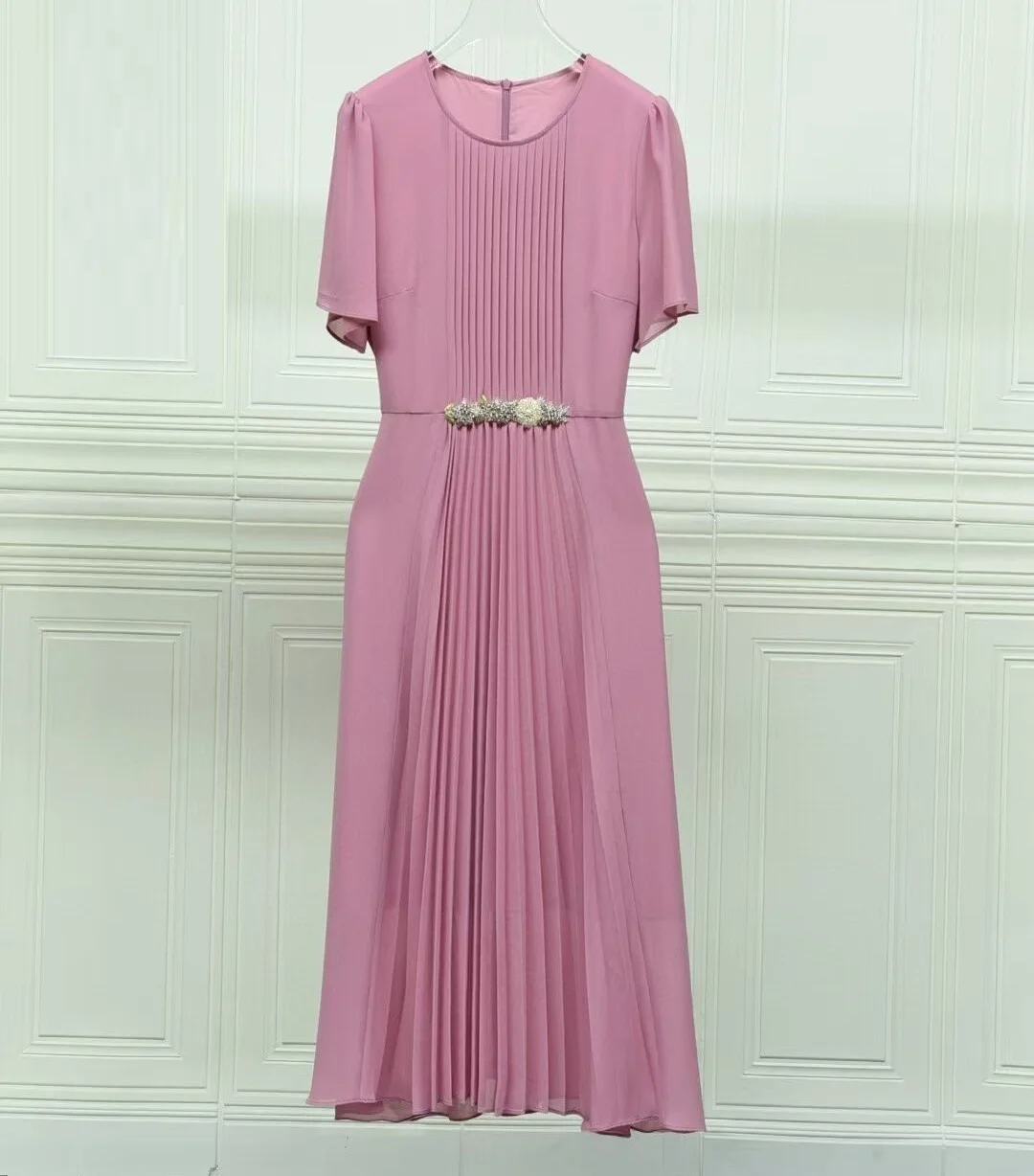 

Novia Party Women Dress 2025 Summer Style Lady Hand Made Beading Deco Short Sleeve Mid-Calf Length Pleated Dress Blue Yellow XXL