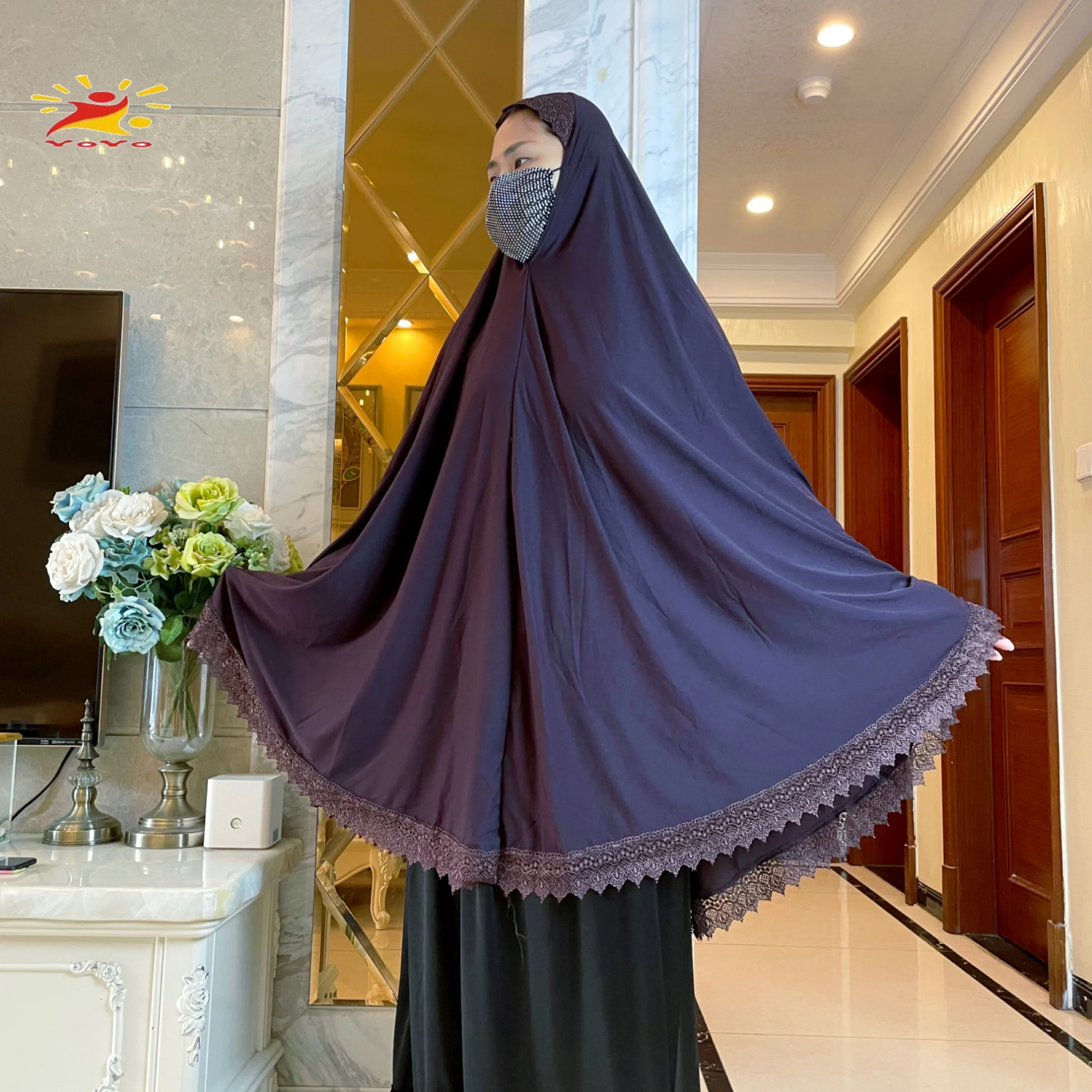 2022Women Muslim Prayer Long Khimar Lace Trim Islamic Veils Headcover Dubai Saudis Turkey Arabic Clothing Hijab Headdress