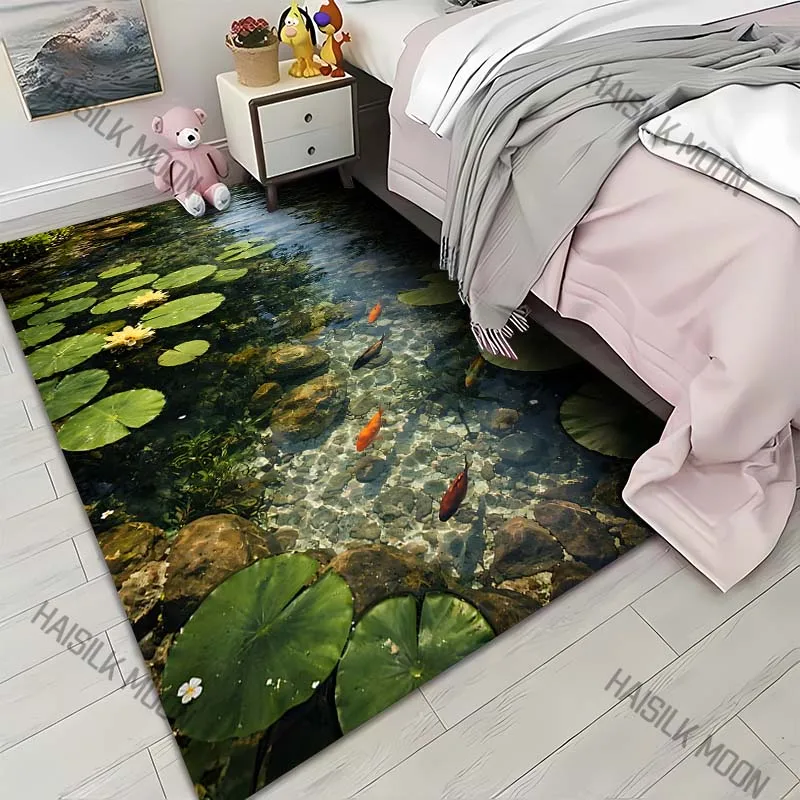 1PC Koi in clear lily pond Print Carpet for Living Room Bedroom Sofa Home Decor Rus Non-slip Floor Mat Luxury Gift