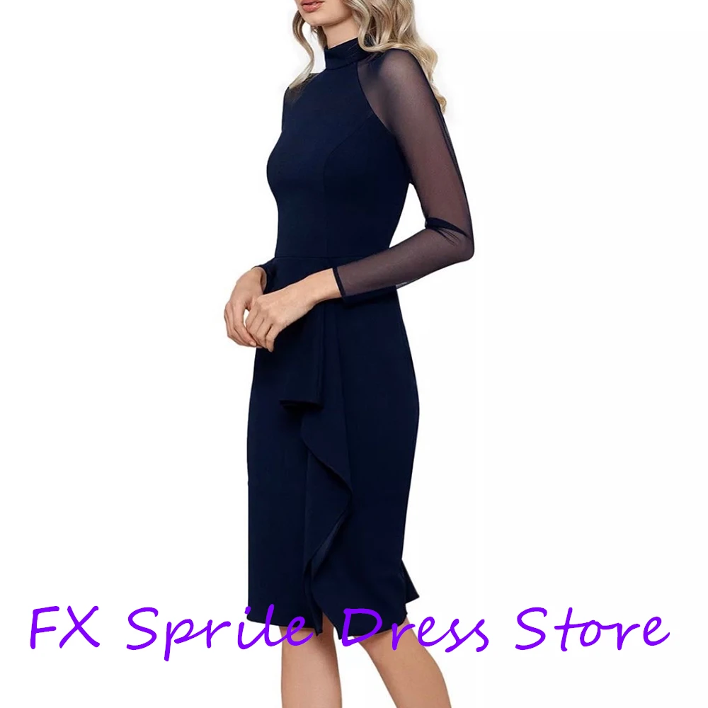 Classic Dark Blue Jersey Pleat Evening Dress Long Sleeves Saudi Arabia Crew neck Knee Length Straight Vestido De Festa for Women