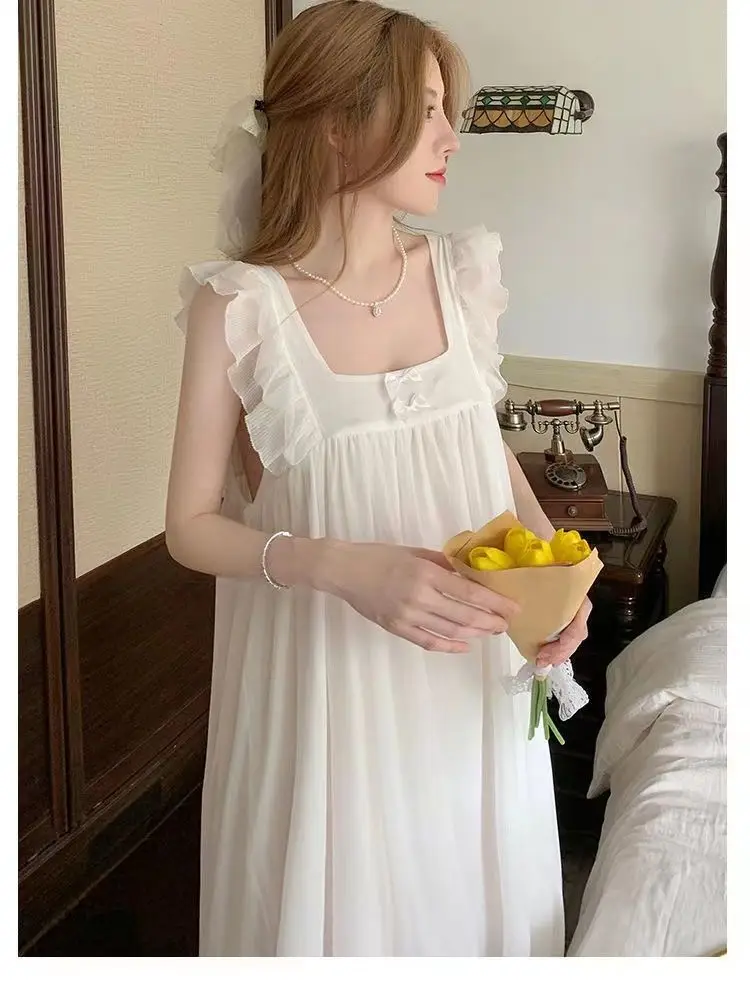 Summer Womens Princess Dress White Sleeveless Sleepshirts Vintage Lady Girls Nightgowns Nightdress Royal Style Pajamas Sleepwear