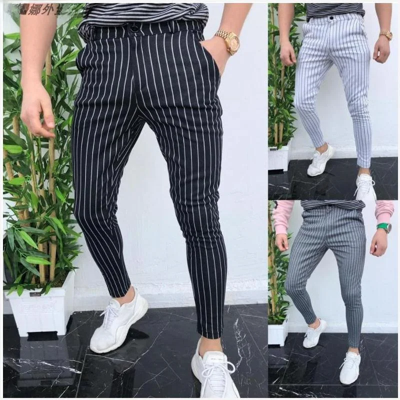 

Men's Striped Casual Pants Fashion Urban Style mid Waist Straight Leg Length Trousers for Men