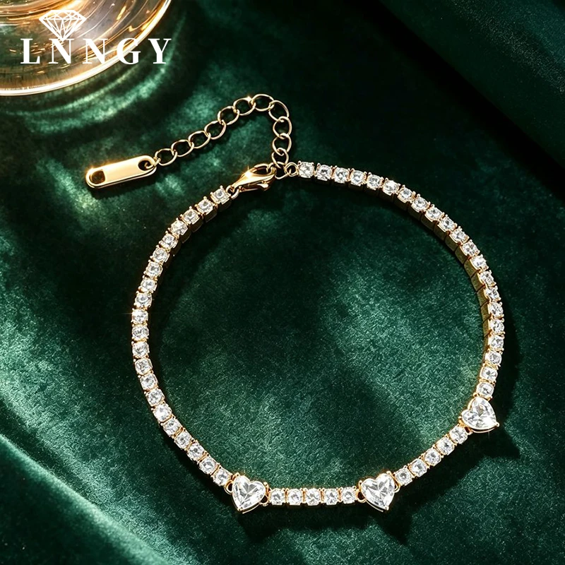 Lnngy Dazzling 5x5mm Heart Cut Moissanite Bracelet For Women Exquisite One Row 2.5mm ZirconTennis Bracelets Jewelry