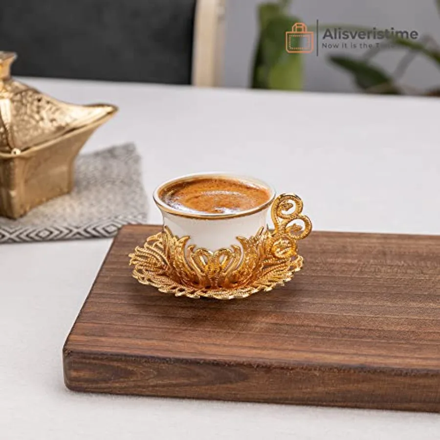 Turkish Coffee Cup Set for Home Use White Porcelain and Zinc Metal with Turkish Motifs Gold Trim 6 Cups and Saucers view 2
