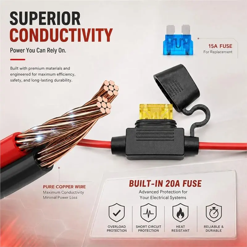 AB42-Xt60i To O Ring Terminal Cable With Inline Fuse- 10AWG Xt60i Connector, 15A/20A, Heavy Duty Pure Copper Female