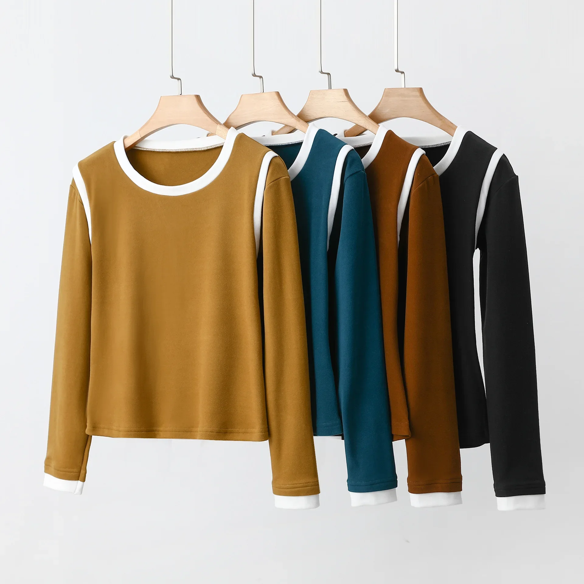 O-Neck Color Mix fleece T-shirt Long sleeves Autum Slim Fit Bottoming Tshirts Women's Tee Tops fashion Top All match