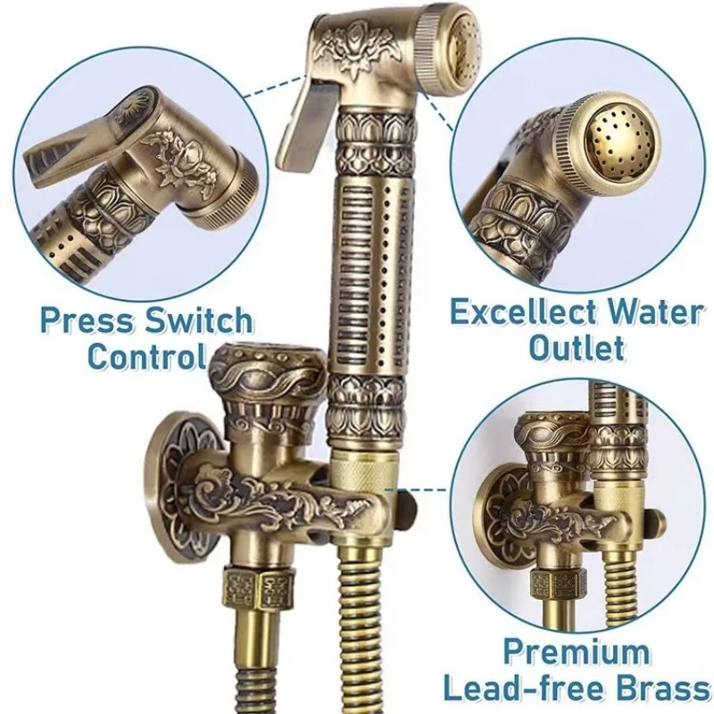 Antique Brass Bidets Spray Gun Kit with Relief Sculpture High Pressure Toilet AC Angle Valve for Bathroom Hygiene