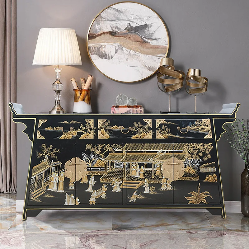 

!@Antique Qingming Shanghe Picture Decorative Cabinet Hand-Painted New Chinese Style Solid Wood Entrance Sideboard Home Furnitur
