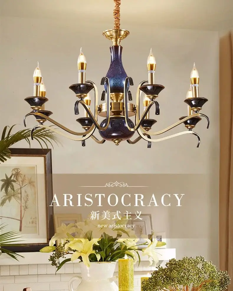 living room pendant light, luxurious all copper dining room bedroom light, European retro crystal pendant light