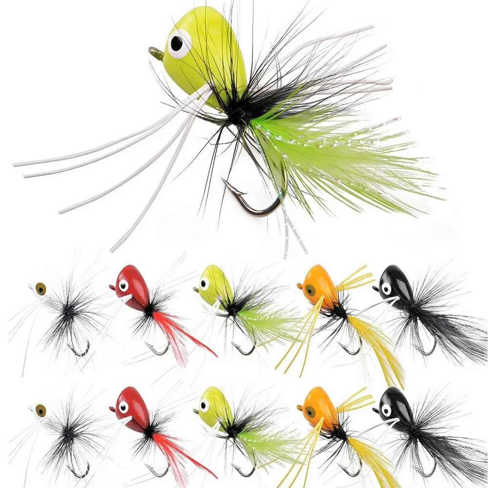 

10Pcs Fly Fishing Popper Flies Dry Flies Fly Fishing Popper Lures Topwater Bass Panfish Poppers Flies Lures Baits with Hooks