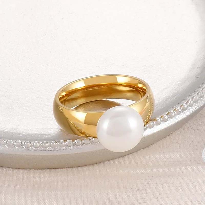 Stainless Steel Rings Women Shell Simulated-Pearl Round Rings For Women Gold Color Wedding Bands Jewelry Elegant Gifts