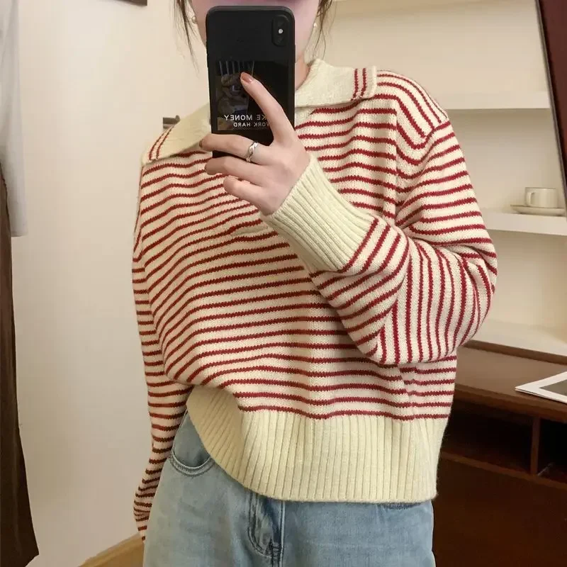 2025 Long Sleeve, Turn Down Collar, , Bottoming Shirt, Sweater, Autumn, Winter Women's Korean Stripes Knit Pullover, 5