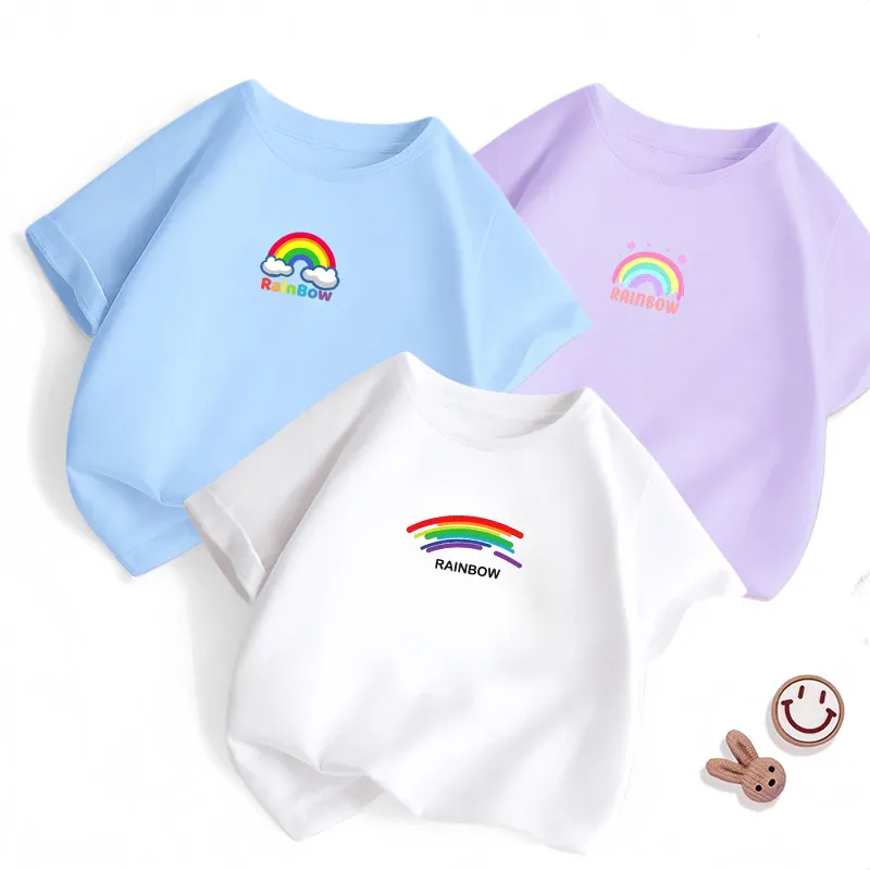 Korean Version Rainbow Pure Cotton Printed Children's T-shirt Summer New Personalized Parent-child Outfit Loose Casual T-shirt