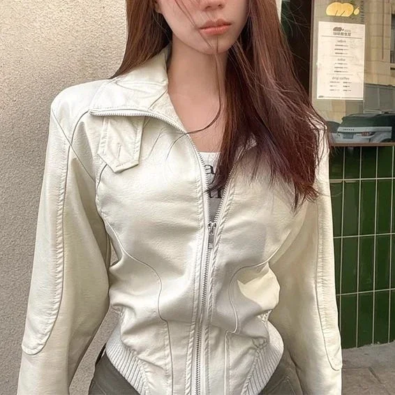 Deeptown Vintage Cropped White Leather Jacket Women Y2k Streetwear 2024 Autumn PU Racing Jackets Korean Fashion Outwear Harajuku