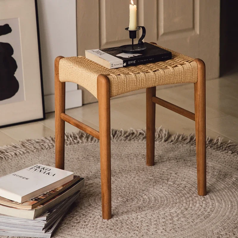 Middle Ancient Style Makeup Stool Rope Weaving Design Dressing Chair Homestay Shoe Bench Multi-scenes Applicable Hallway Ottoman