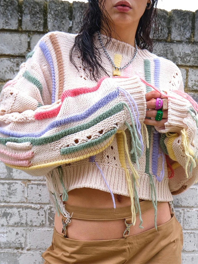 Vintage Fashion Women Contrast Knitted Casual Sweaters Spring Chic Tassels Hem Loose Color Patchwork Striped Holes Knitwear Tops