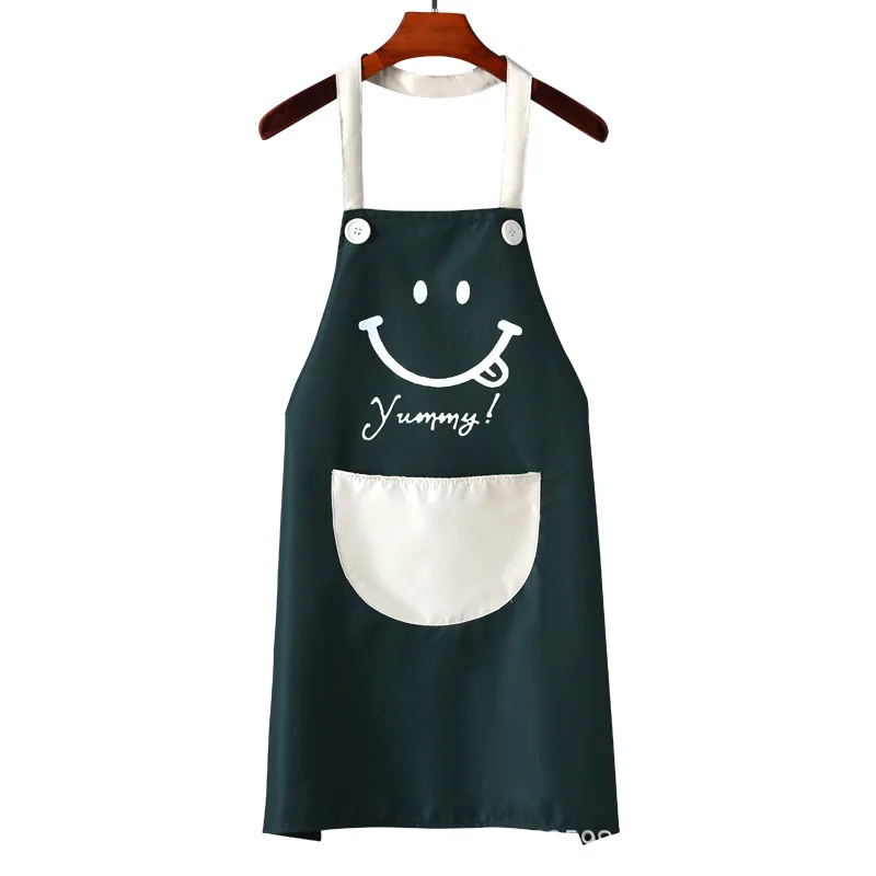 Modern Black PVC Smile Printed Apron Waterproof Oil-proof for Femme Men Big Pocket Apron Dress Household Kitchen Supplies