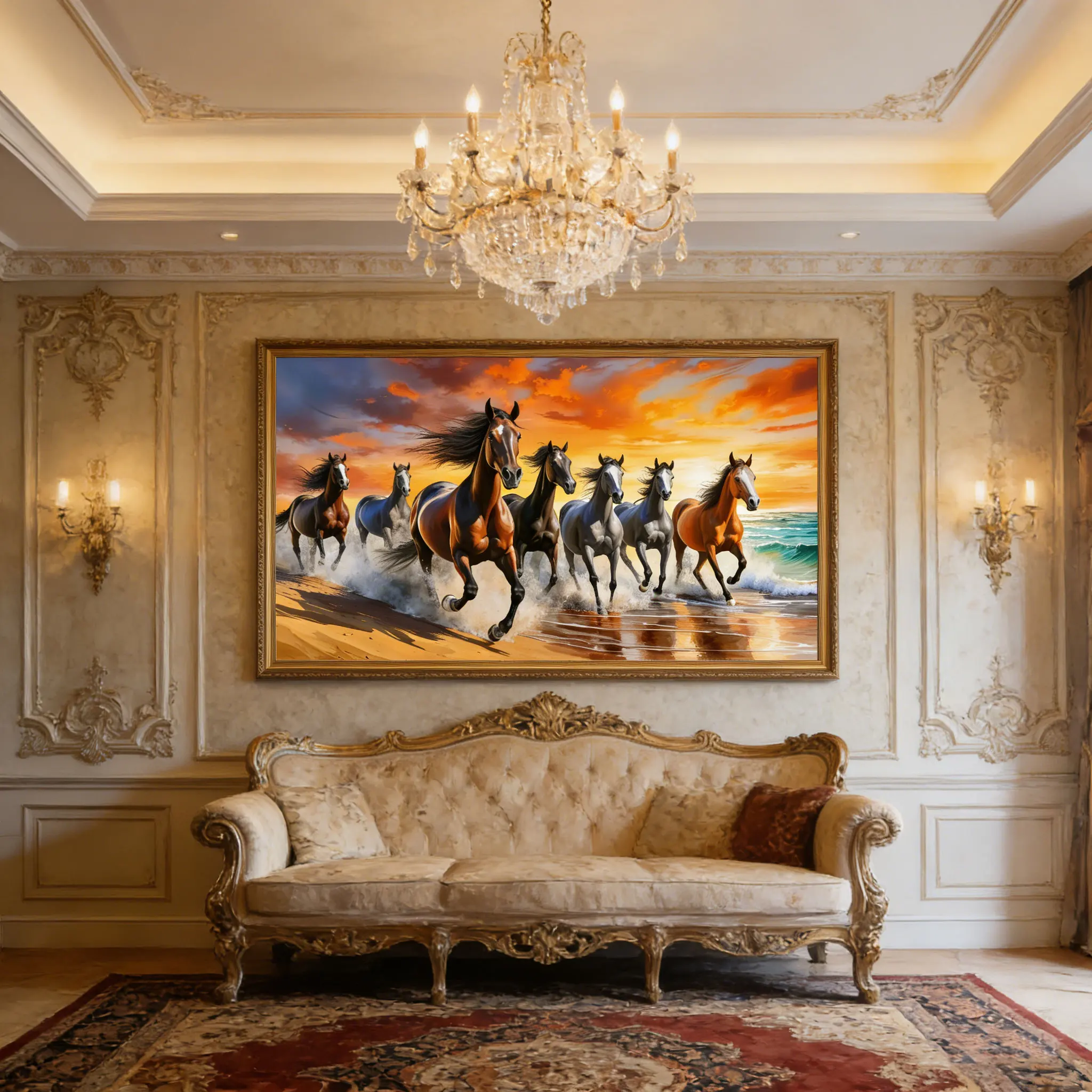 Dynamic Seven Running Horses Panoramic Wall Print Decor - Vibrant Illustration of Multi-Colored Horses Galloping Along a Beach a