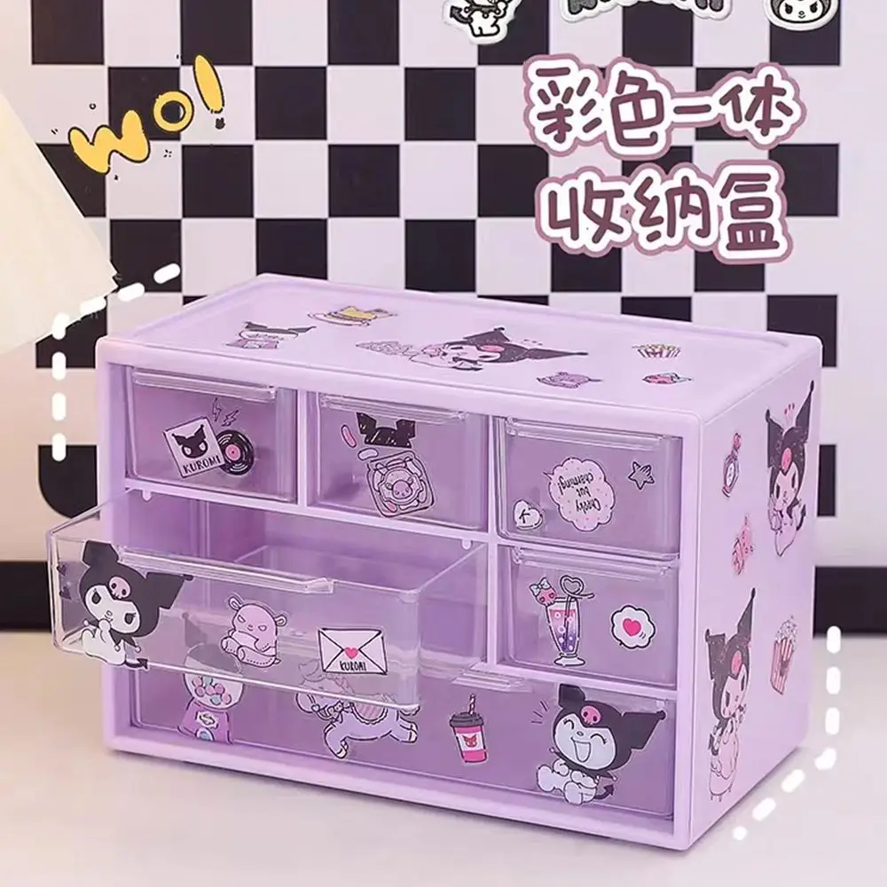 Sanrio 6 Grid Storage Box Desktop Drawer-type Transparent Organizing Box Desk Pen Holder Send Kuromi Melody Cinnamoroll Stickers