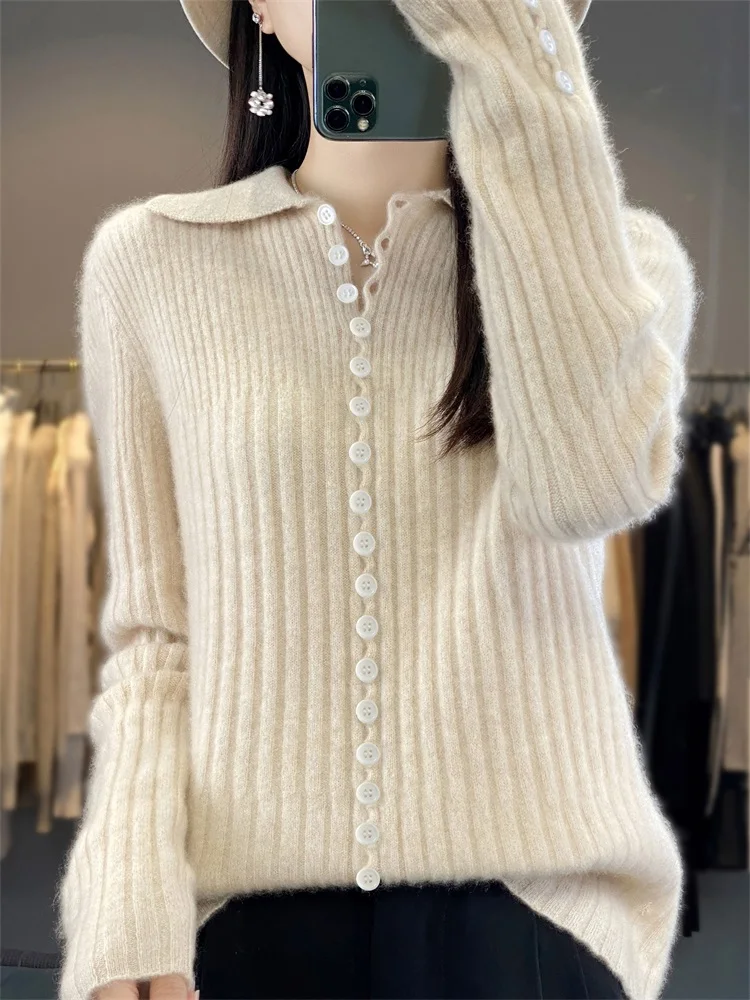 Women Cashmere Sweater Autumn Winter Cardigan 100% Merino Wool Knitwear Button Up Collar Female Grace Soft  Fashion Top