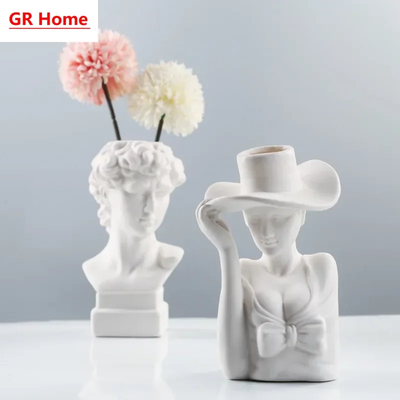 Creative Nordic Ins-style ceramic vase with artistic human face design, dried flower holder, home decor ornament for living room