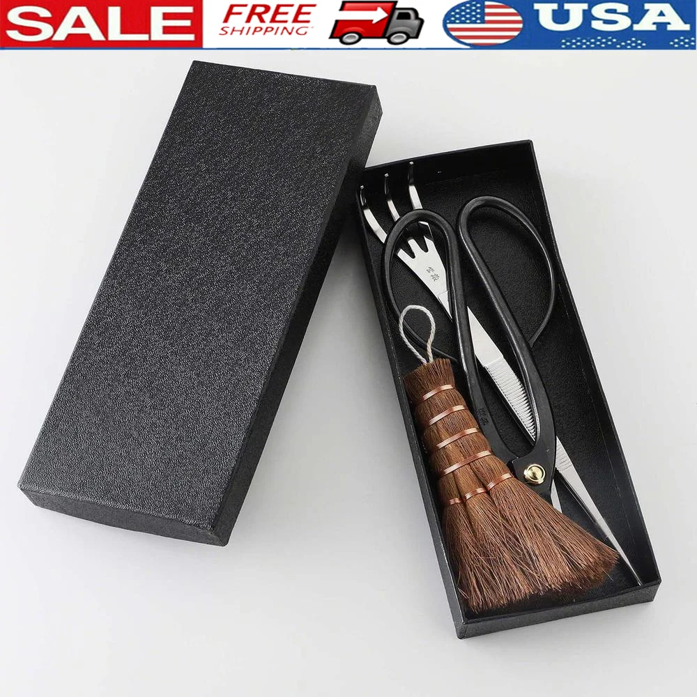 Japanese Bonsai Garden 3PCS Tool Starter Kit Made in Japan Ashinaga Bonsai Scissors Stainless Tweezers with Rake Chinese Broom.