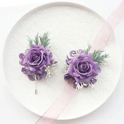 2Pcs Set Purple Rose Champagne Wedding Wrist Corsage And Boutonniere Set For Bride Bridesmaid Man Groom Wedg Flowers Accessories