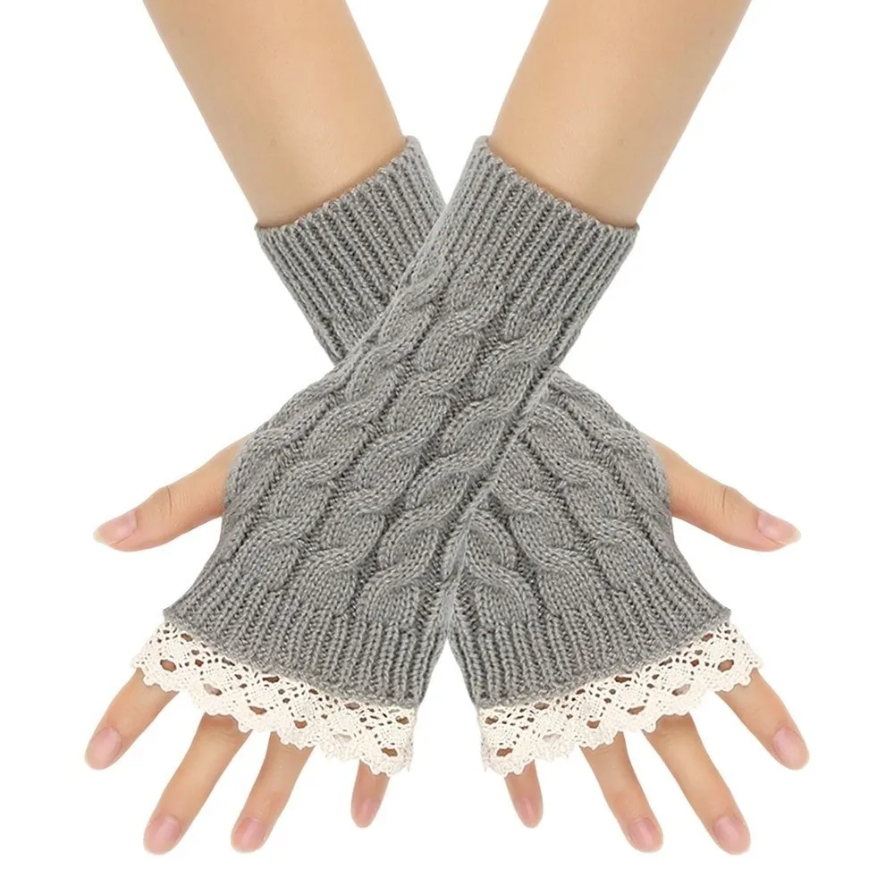 Fashion Lace Trim Fingerless Mittens Thicken Long Women Knitted Gloves Wrist Protection Soft Wrist Mittens Writting Friendly