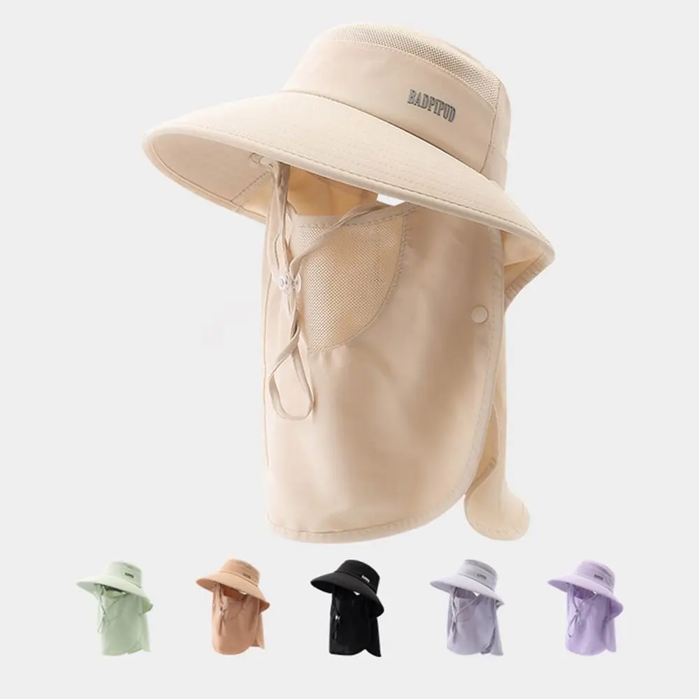 Fotografia 6: Chapéu de Proteção Solar Feminino com Proteção UV, Aba Larga e Máscara Facial, Protetor de Pescoço Ajustável para Caminhadas