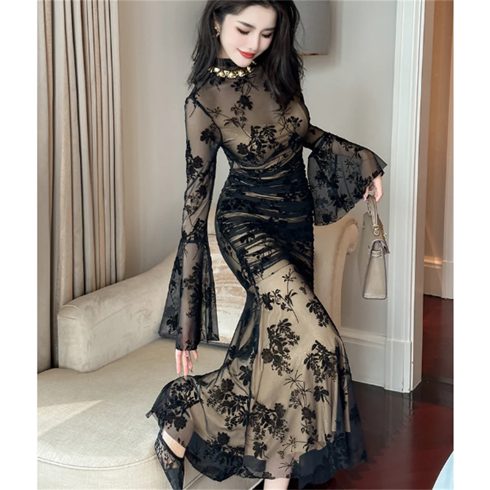 new sexy woven velvet print slim horn sleeve gauze fishtail dress women