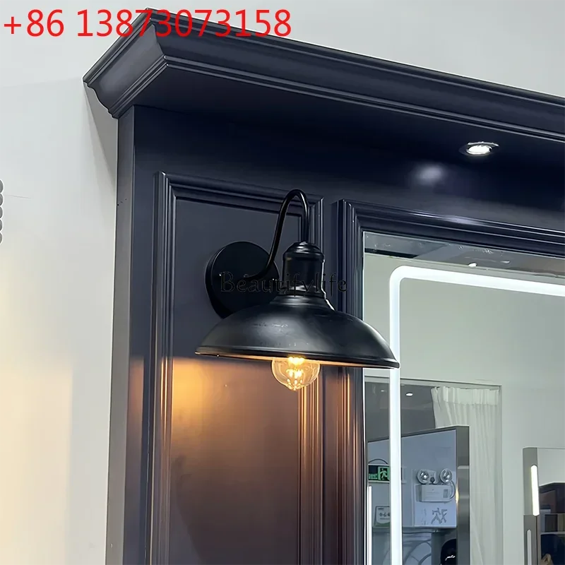 Barber shop mirror table hair salon retro men's mirror hair cut solid wood perm and dye mirror with lamp