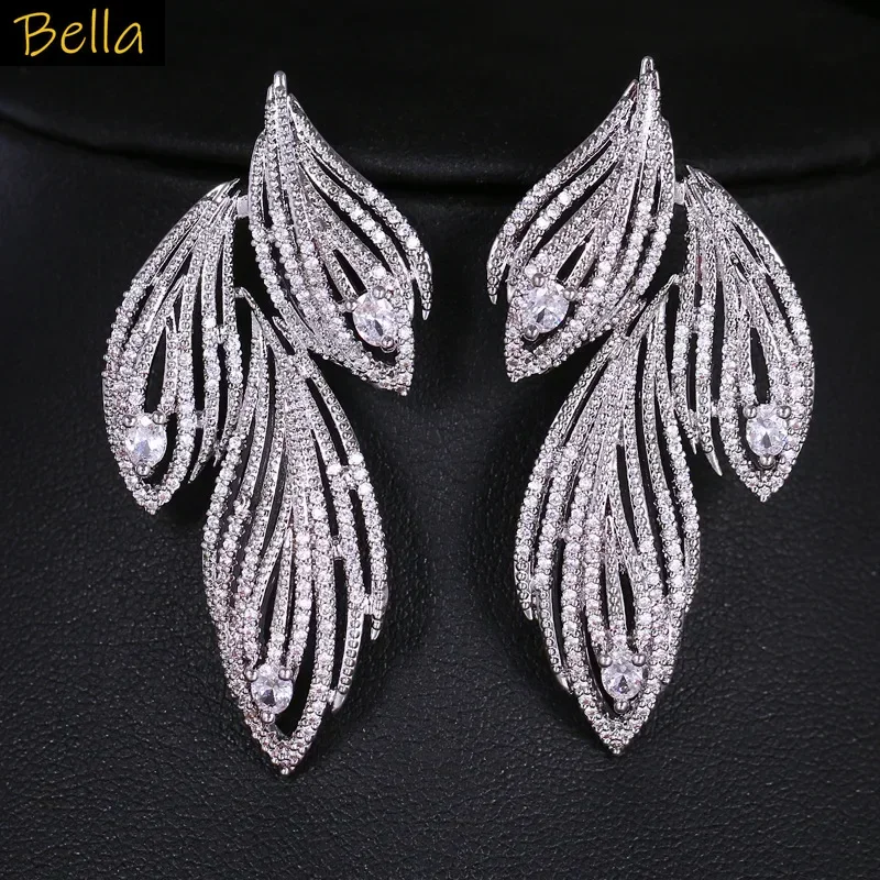 

Luxury Wedding Bride Earrings Large Leaf White Zircon Stud Earrings Women Dinner Party Posh Jewelry Gift Anniversary