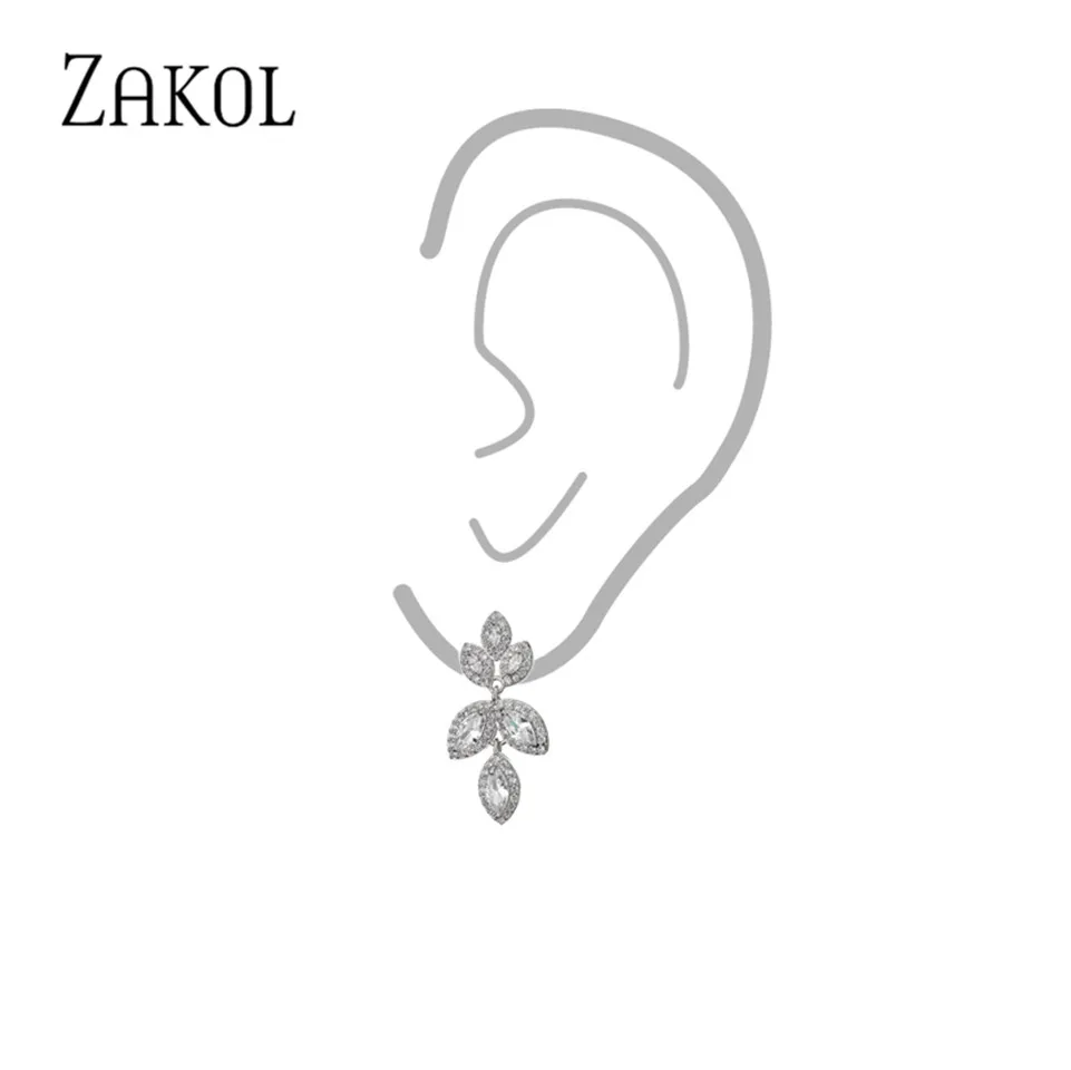 ZAKOL  TRENDY Leaf Water Drop Cubic Zirconia Stud Earrings for Women Luxury Female Copper Alloy Wedding Jewelry EP2956