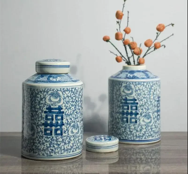 Blue and White Ceramic Tea  Wedding Ornament Crafts Box Can Container Organizer Storage Bottle