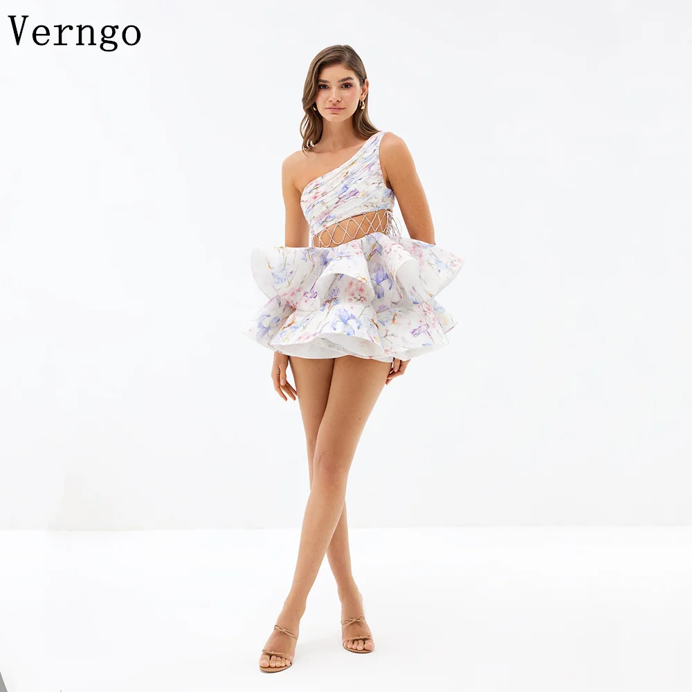Verngo Printed Flowers A Line Mini Prom Gowns One Shoulder A Line Tiered Cut Out Party Dresses Mini Cocktail Dress Customized