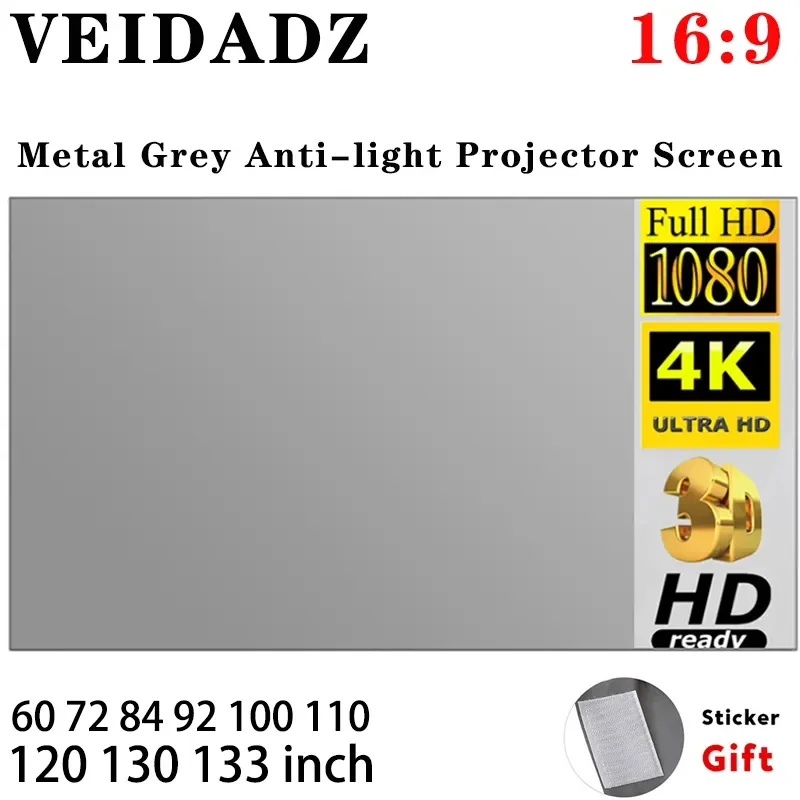 Veidadz-Écran de projection pliable, écran de coulée portable anti-lumière, métal gris, cinéma maison, fête, 60-133 pouces, 16:9