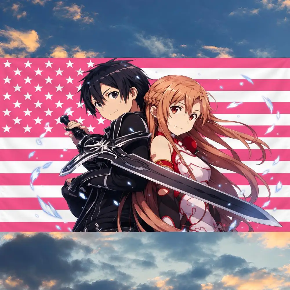 Anime Kirito x Asuna Sword Art Online Flags Banner Wall Hanging Decor Personality For Party Bedroom Outdoor Hogar Bedside