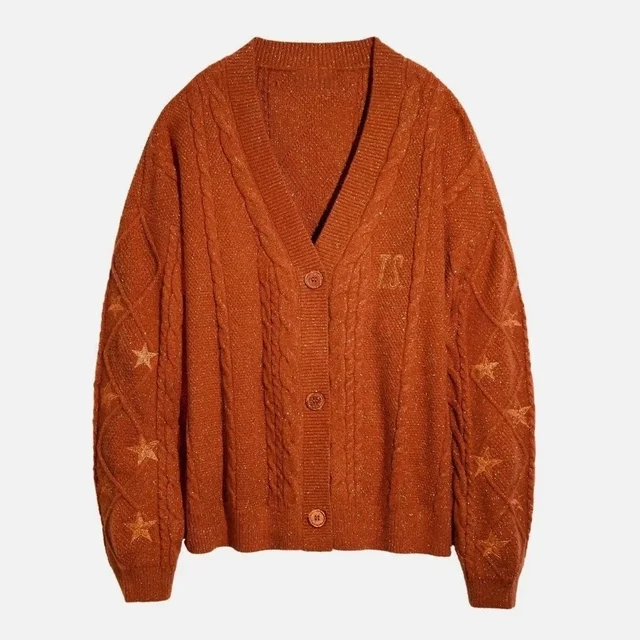 Glittery TS Cardigan Women Orange Chunky Knit Sweater with Star Embroidery Gold Thread Showgirl Cardigan Tay Cardi TLOAS