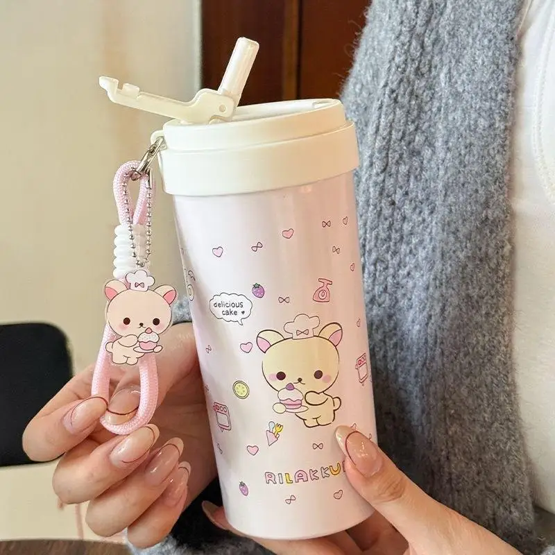 500Ml Cake Little Bear Print Korilakkuma Double Drink Coffee Cup with Lanyard Water Cup Fit Commuting Go To School Give A Gift