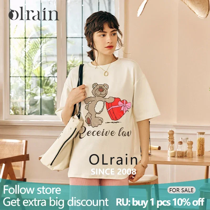 

OLrain Cotton T-shirt Woman Spring Summer 2025 Fashion Printing Short Sleeve Crew Neck Oversize Casual Knit Tops O23XT68821