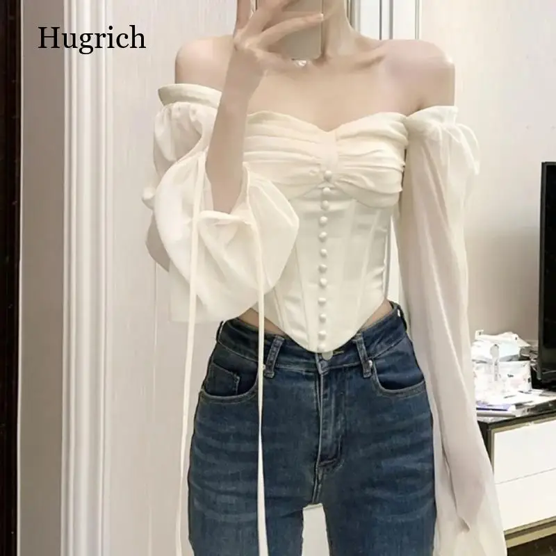 2022 Spring and Summer New Ladies Fashion Foreign Style Square Neck Long Bubble Sleeve Shirt Thin French Design Sense Slim Top